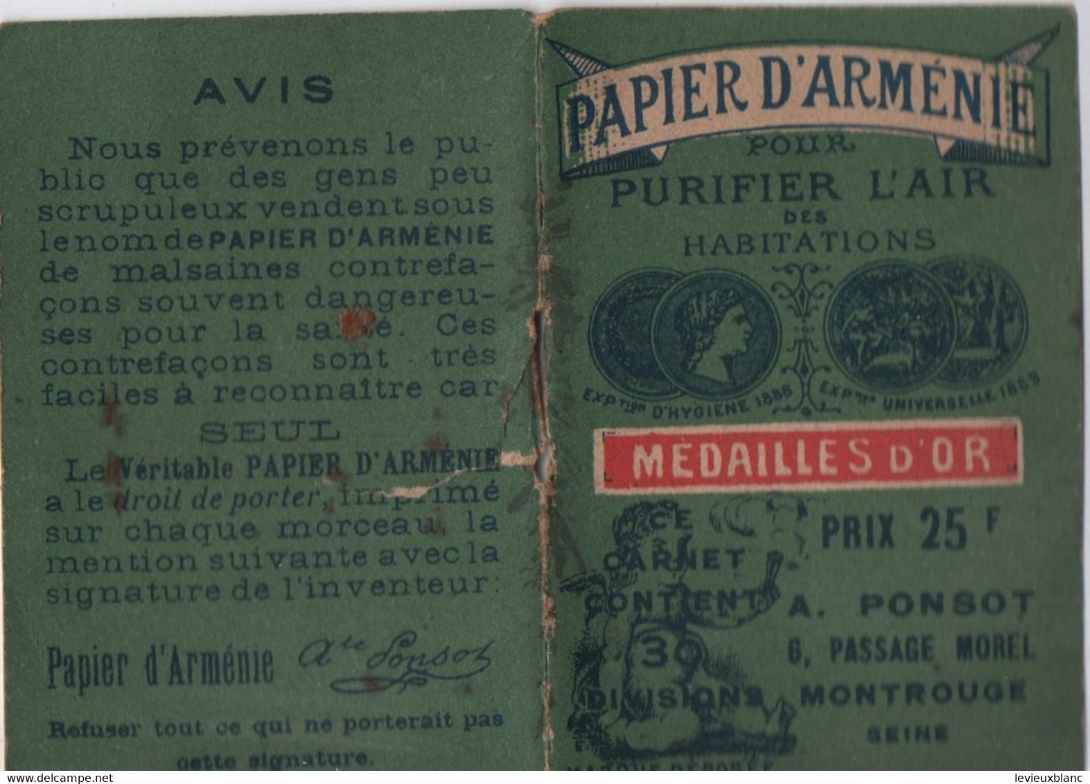 Petit Carnet De  Papier D'Arménie  Pour Purifier L'air Des Habitations /PONSOT / MONTROUGE/vers 1900    PARF236 - Grand Format : 1941-60