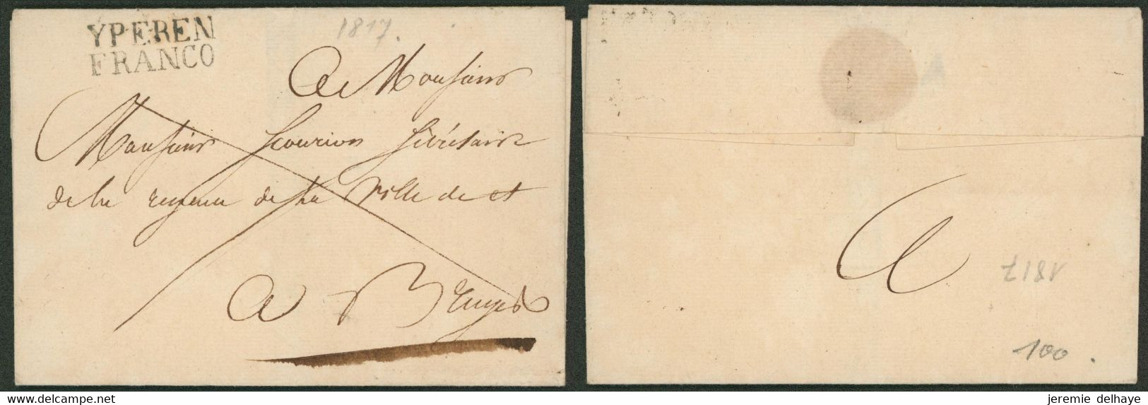 Précurseur - LSC + Obl Linéaire Noir YPEREN / FRANCO (1817) > Bruges - 1815-1830 (Holländische Periode)