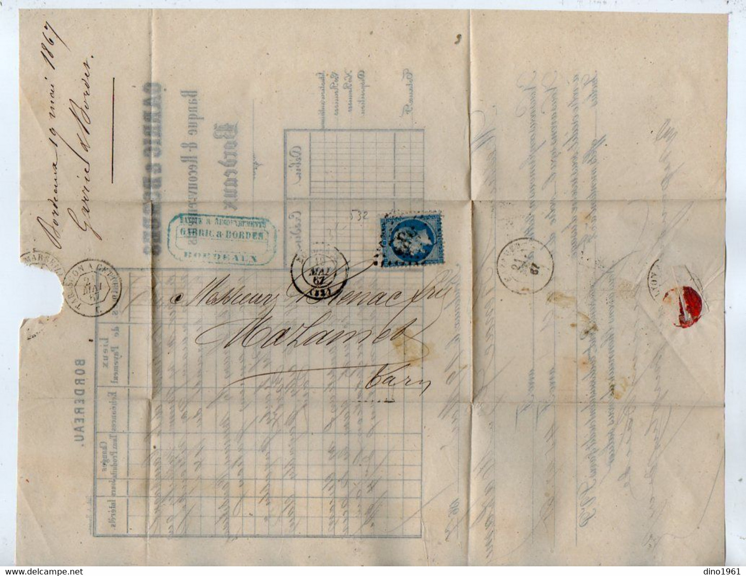 VP19.458 - 1867 - Lettre / Bordereau - Banque & Recouvrements GARRIC & BORDES à BORDEAUX Pour MAZAMET - Bank En Verzekering