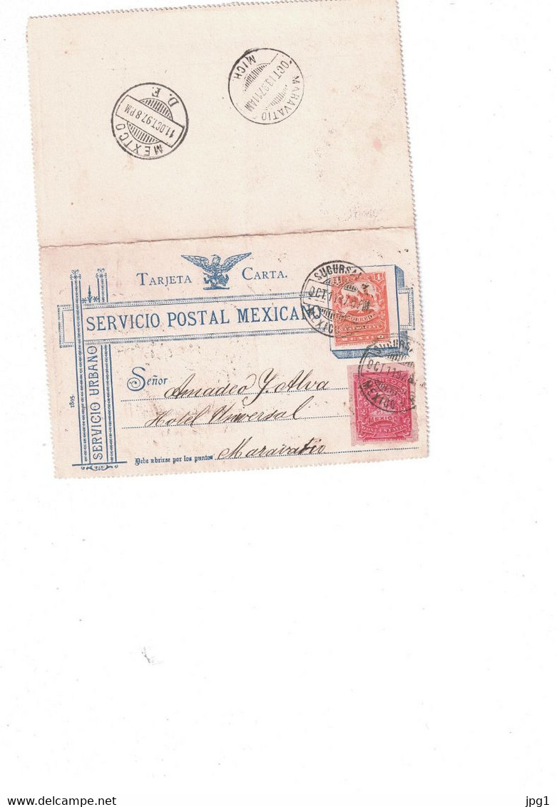 MEXICO POSTAL STATIONERY - ENTIER POSTAL MEXIQUE : Tarjeta Carta. 1897. To Maravatio. - Mexico
