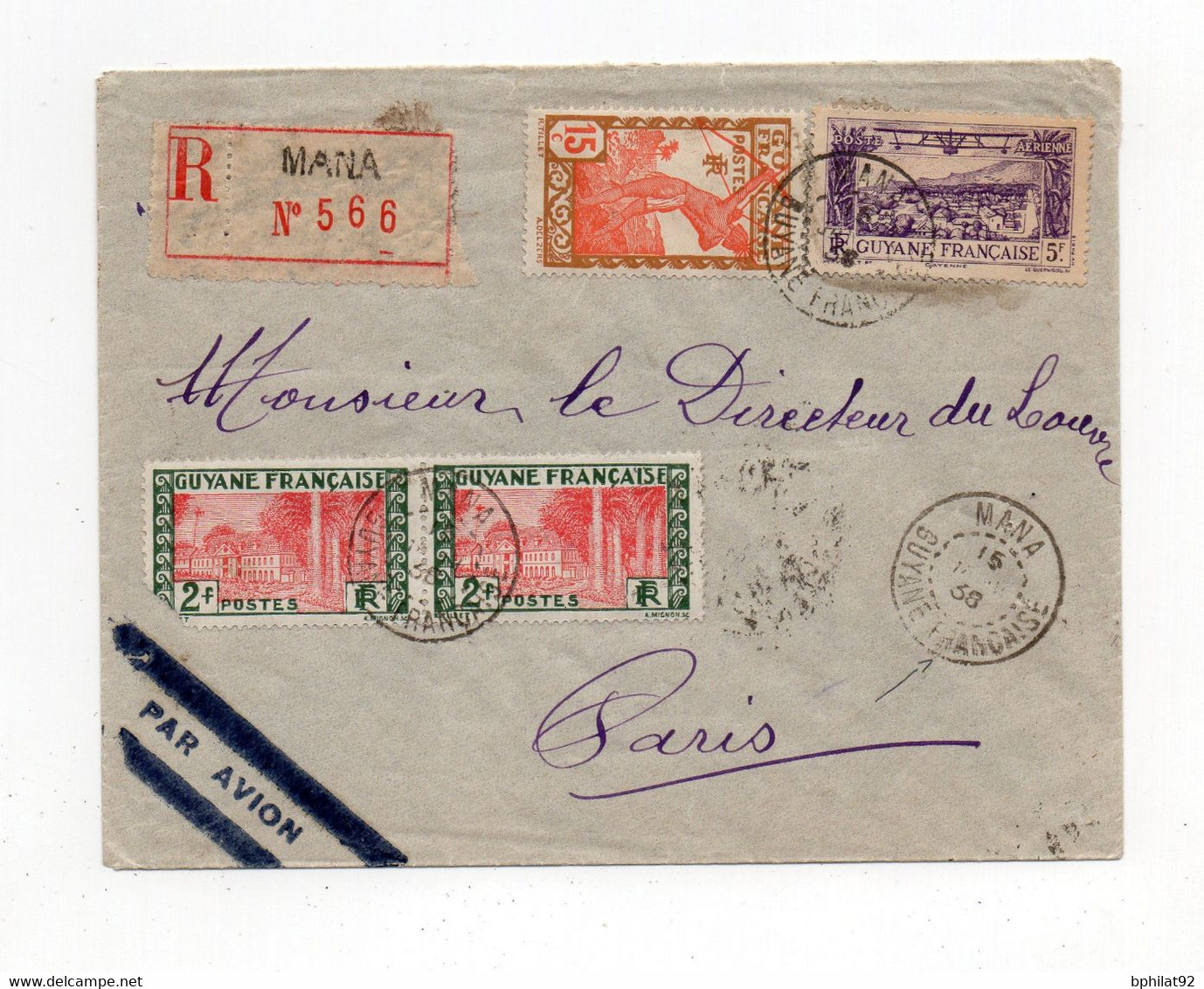 !!! GUYANE, LETTRE RECO PAR AVION DE MANA POUR PARIS DE 1938 - Lettres & Documents