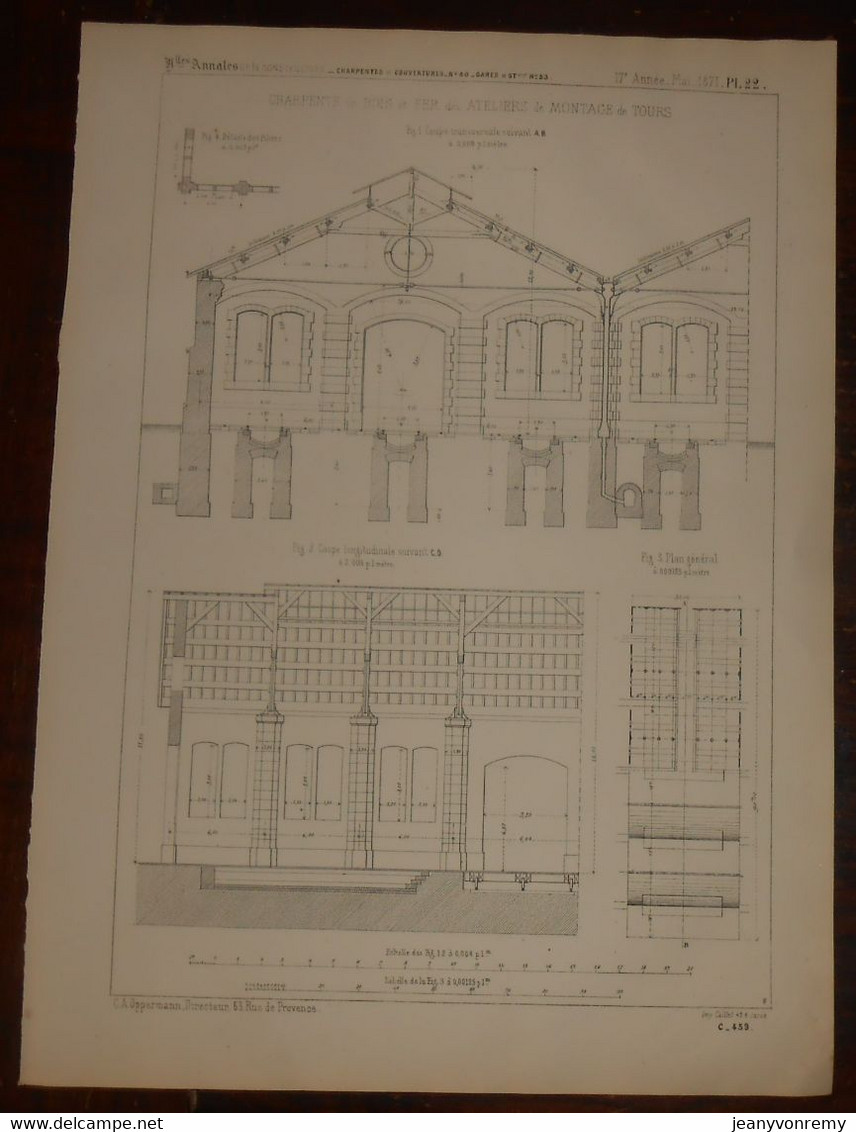 Plans De Charpente En Bois Des Ateliers De Montage De Tours. 1871. - Other Plans