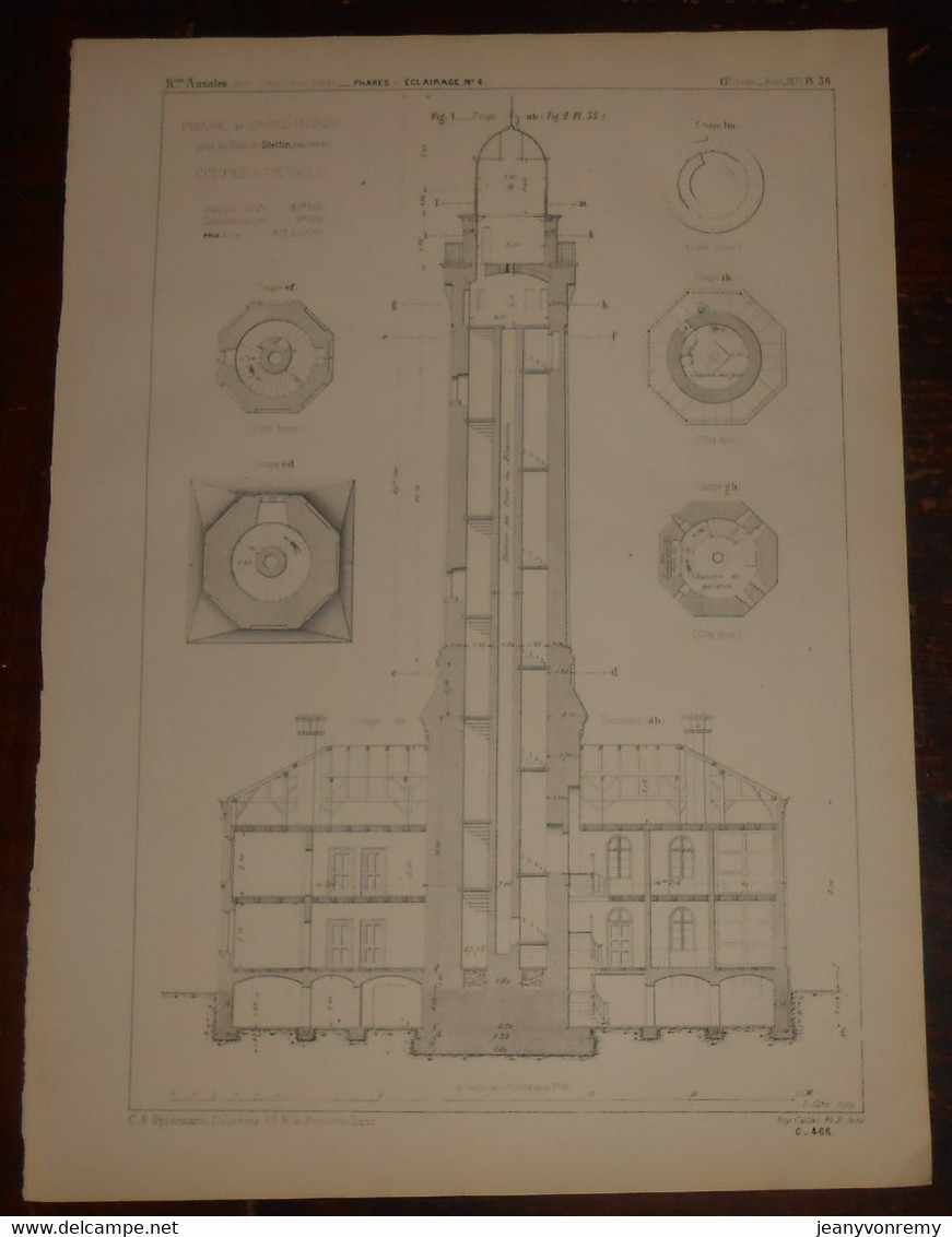 Plan Du Phare De Cross Horst Près De La Baie De Stettin En Mer Baltique. Coupes Et Détails.1871. - Travaux Publics