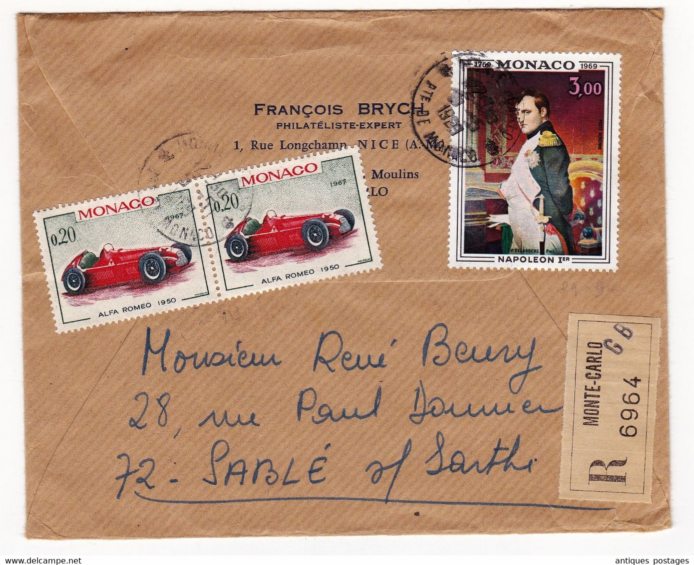 Lettre Recommandée 1959 Monaco François Brych Expert Empereur Napoléon Ier Bonaparte Paire Alfa Romeo 1950 - Covers & Documents