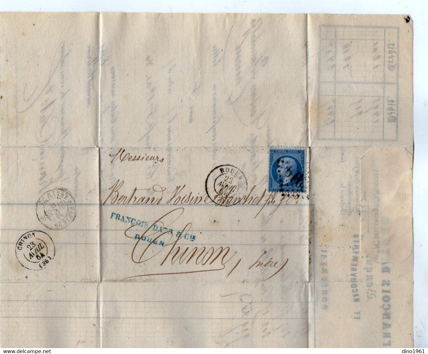 VP19.461- 1864 - Lettre / Bordereau - Banque & Recouvrements François DATS & Cie à ROUEN Pour CHINON - Banco & Caja De Ahorros