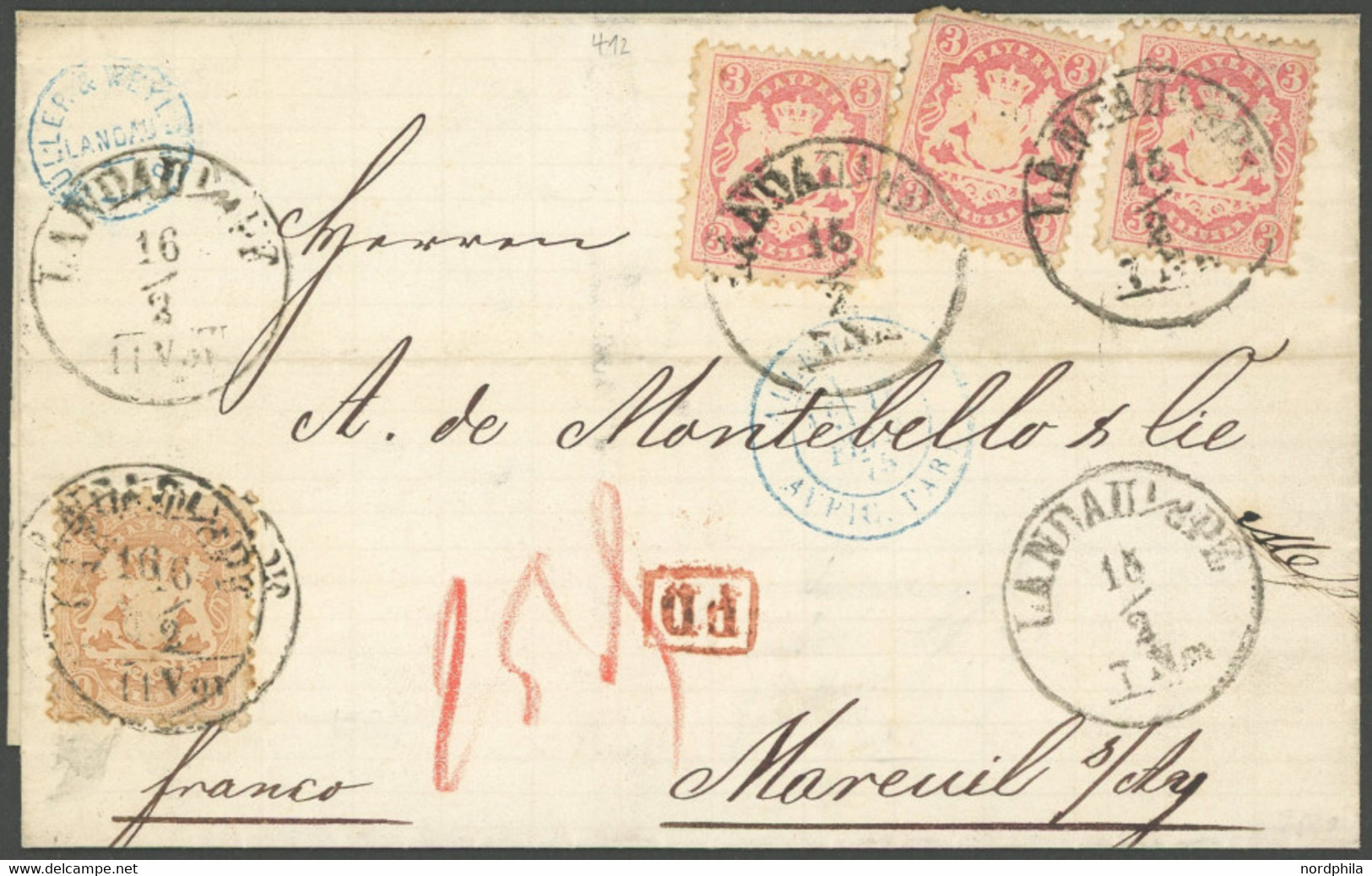 BAYERN 1875, Grenzübergangsbrief Mit K1 LANDAU I.d. PF. Und Rotem PD, Pracht - Prephilately