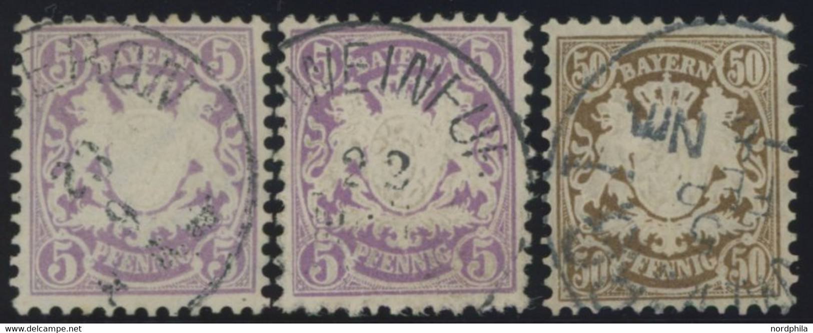 BAYERN 45a,b,46 O, 1878, 5 Pf. Lila Und Violett, 50 Pf. Dunkelorangebraun, Wz. 2, 3 Prachtwerte, Mi. 140.- - Other & Unclassified