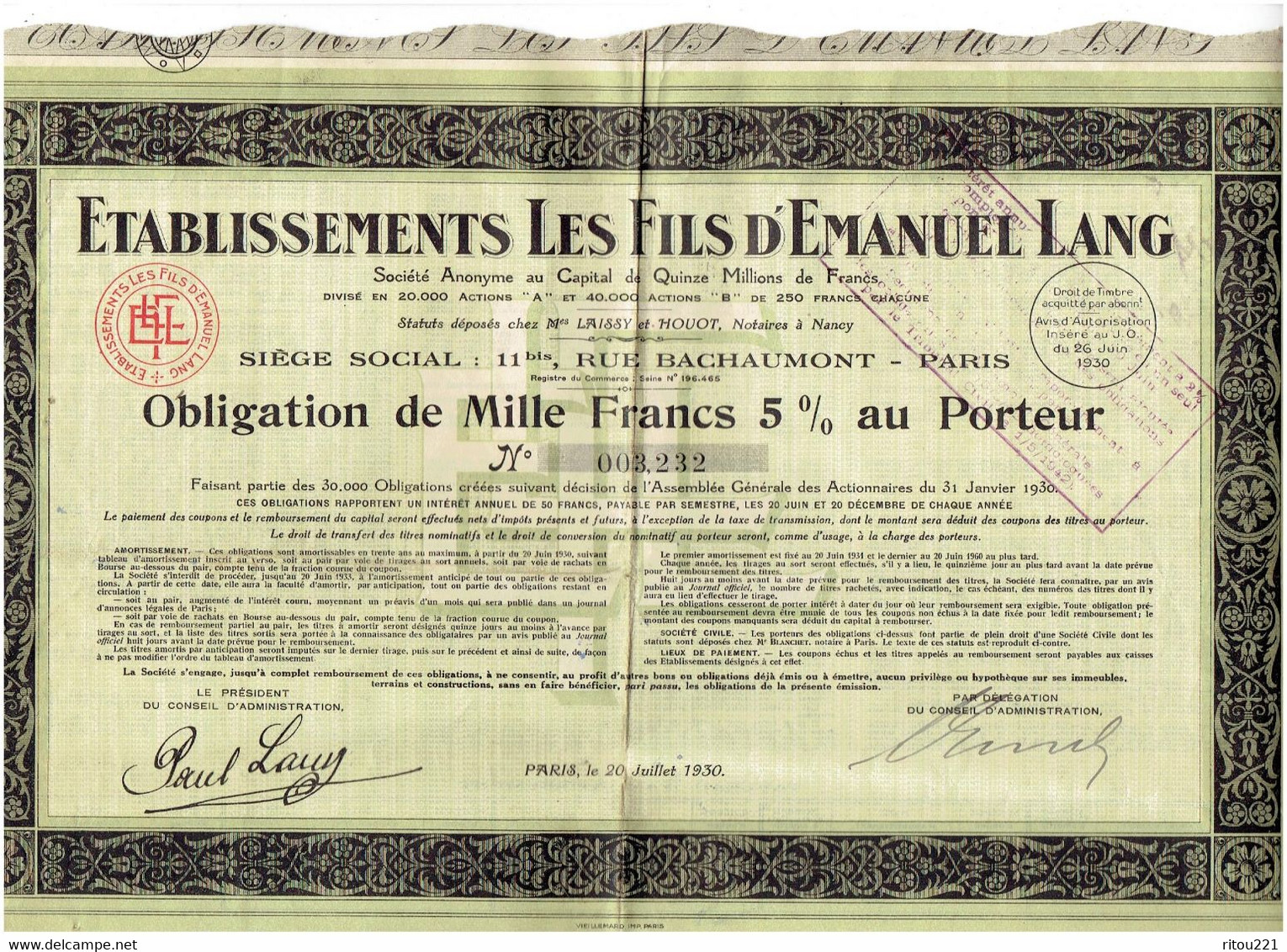 OBLIGATION De Mille Francs - Etablissements LES FILS D'EMANUEL LANG Paris - 1930- Coupons - Textil