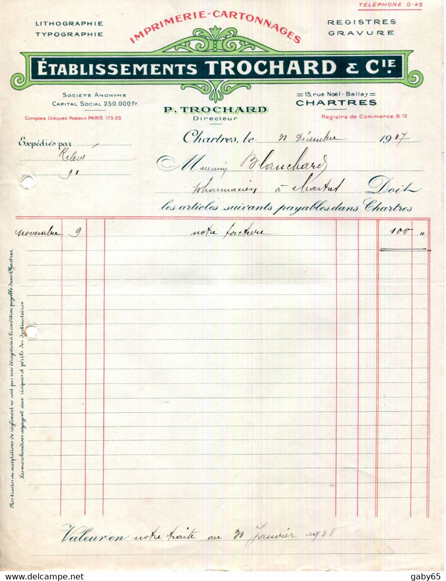 FACTURE.28.CHARTRES.LITHOGRAPHIE.TYPOGRAPHIE.GRAVURE.IMPRIMERIE-CARTONNAGES Ets.TROCHARD & Cie 15 RUE NOEL BALLAY. - Imprimerie & Papeterie
