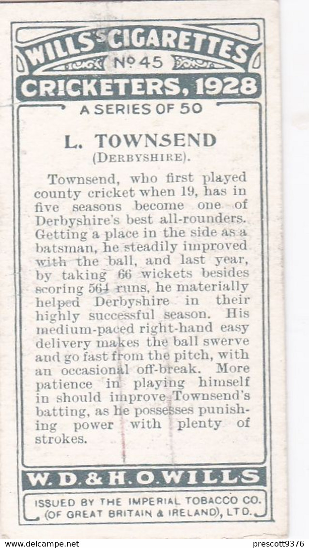 Cricketers 1929 - 45 L Townsend, Derbyshire  -  Wills Cigarette Card - Cricket, Sport - Wills