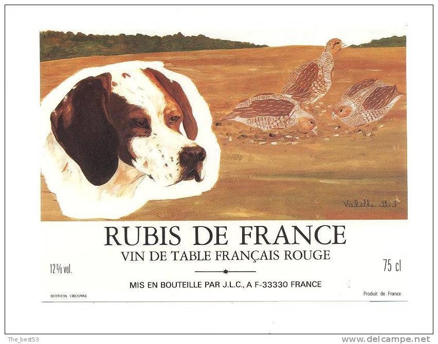Etiquette Vin De Table  - Rubis De France  -  Illustré Par Valette M.J.   - Thèmes Chasse, Chien - Hunde