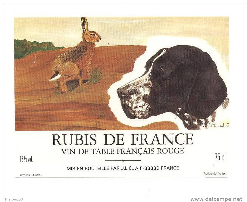 Etiquette Vin De Table -  Rubis De France - Illustré Par Valette M.J.   - Thèmes Chasse, Chien - Perros