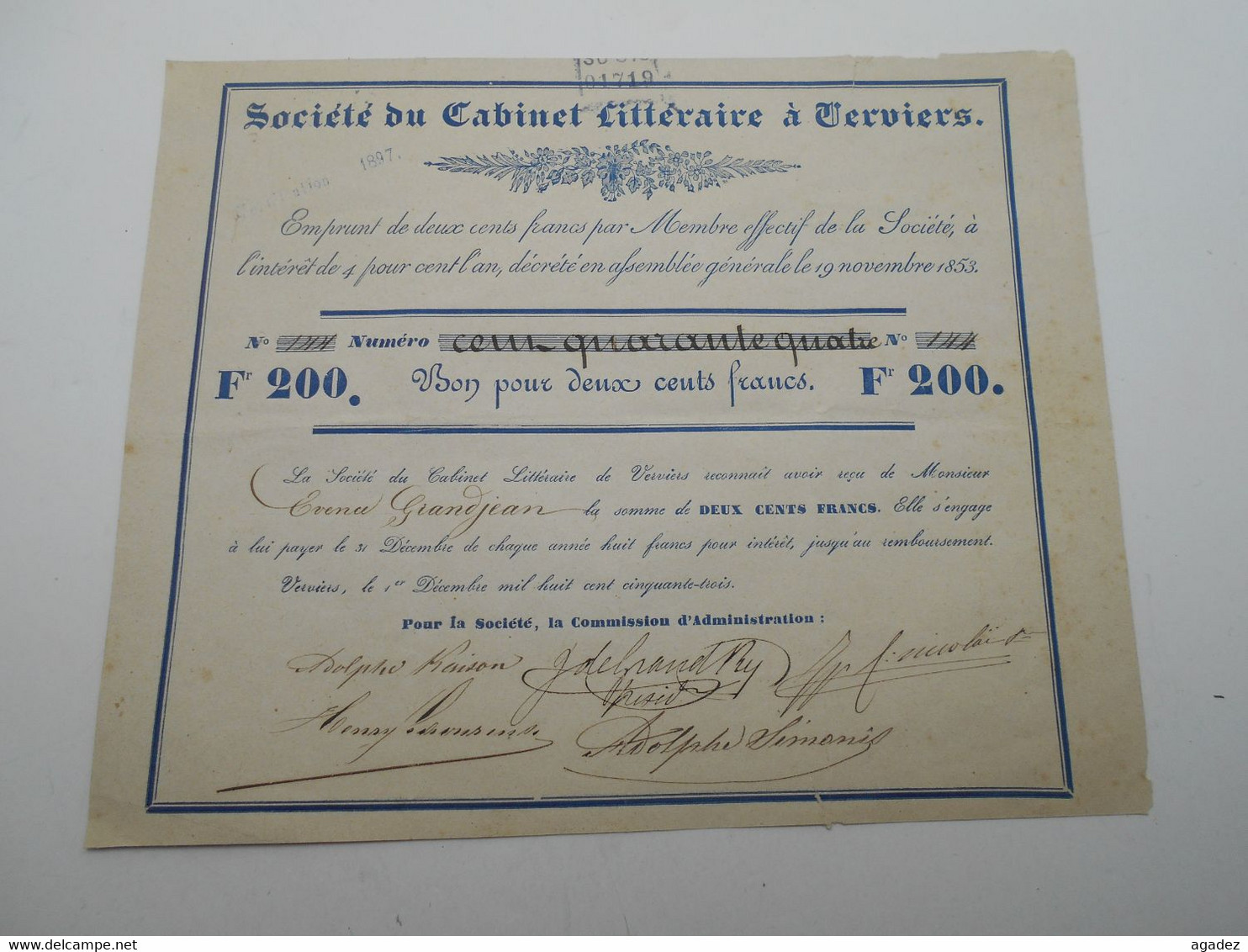 Emprunt De 200 F Cabinet Littéraire Verviers  1853 - Other & Unclassified