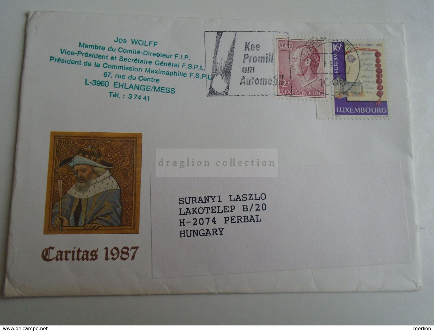 D189815   Luxembourg  Lettre  -Cover  1991  -Caritas 1987 -    Flamme   Kee Promill Am Automobil - Cartas & Documentos