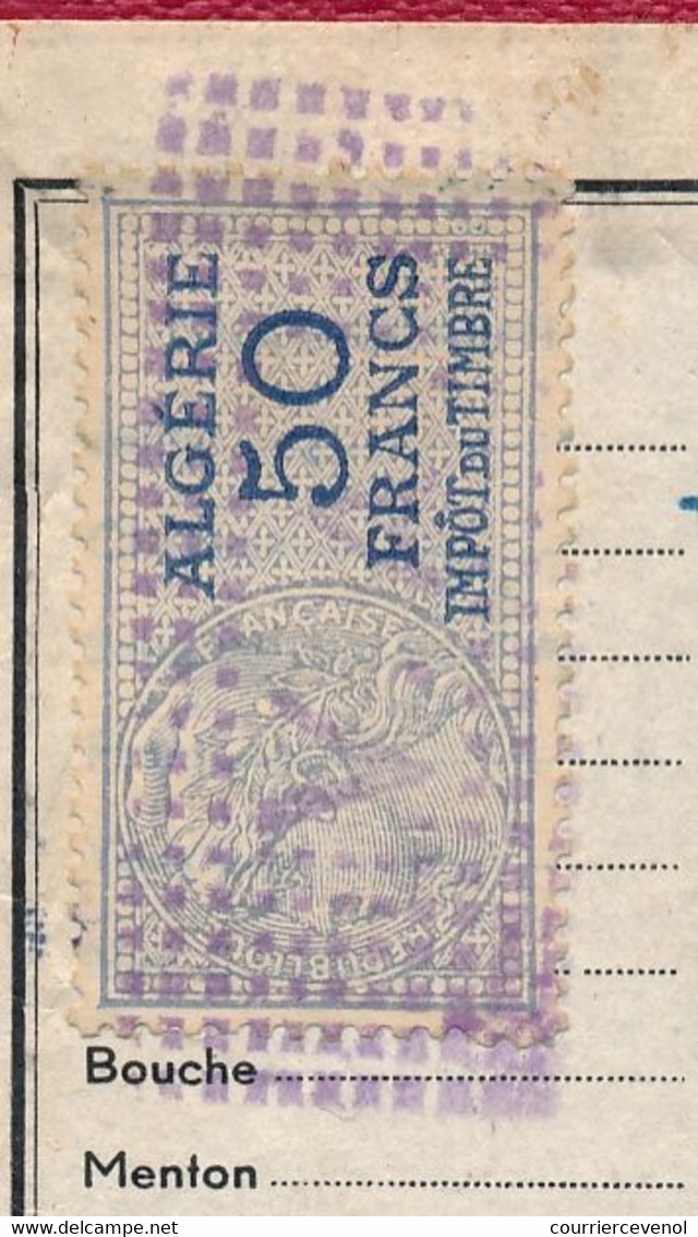 ALGERIE - FISCAL 50F Type Daussy Impôt Du Timbre, Sur Carte D'identité - Alger 1951 - Andere & Zonder Classificatie