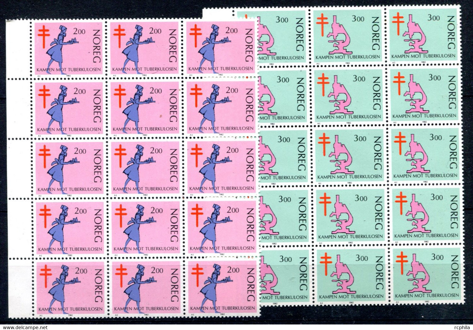 RC 22731 NORVEGE COTE 30€ N° 818 / 819 LUTTE CONTRE LA TUBERCULOSE BLOCS DE 15 Ex NEUF ** MNH - Unused Stamps