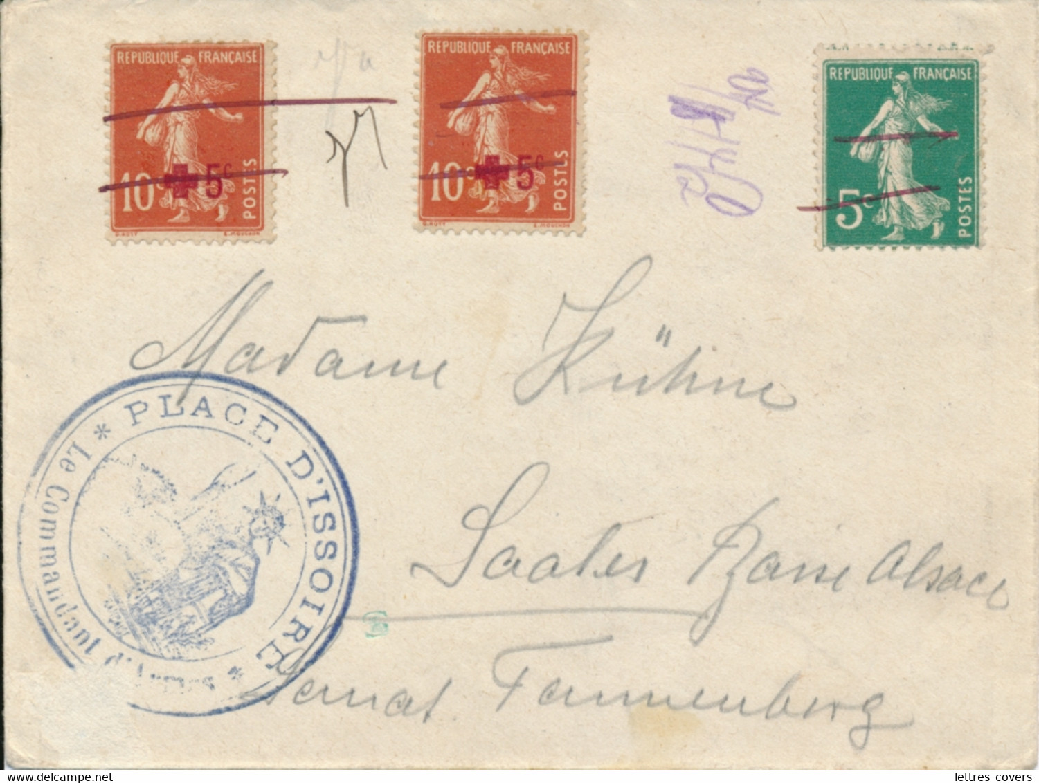 SEMEUSE N°146 CROIX-ROUGE X 2 + 137 Obl FORTUNE PLUME PLACE D'ISSOIRE LETTRE TARIF ETRANGER > SAALES ALSACE BAS RHIN - WW I