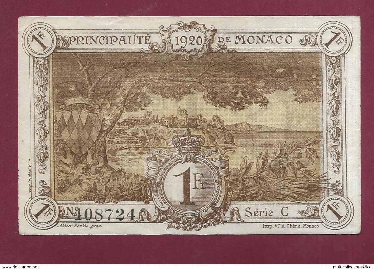 120422 - Billet PRINCIPAUTE DE MONACO VN 1 FRANC 1920 Remboursement Trésorerie Générale N°408724 Série C - Neuf - Monaco