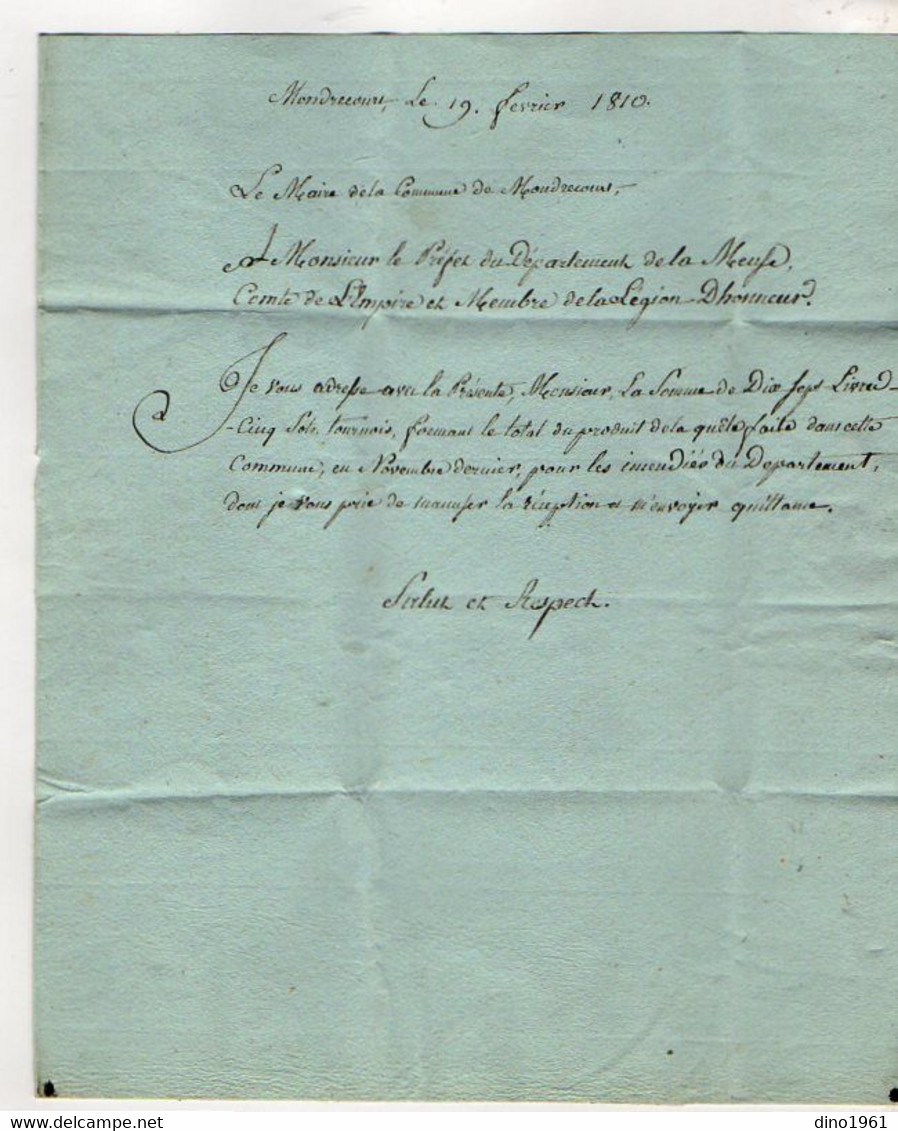 TB 3318 - Empire 1810 - LAC - Lettre De Mr Le Maire De MONDRECOURT Pour Mr Le Préfet ( J.L. LECLERC ) à BAR SUR ORNAIN - 1801-1848: Precursori XIX