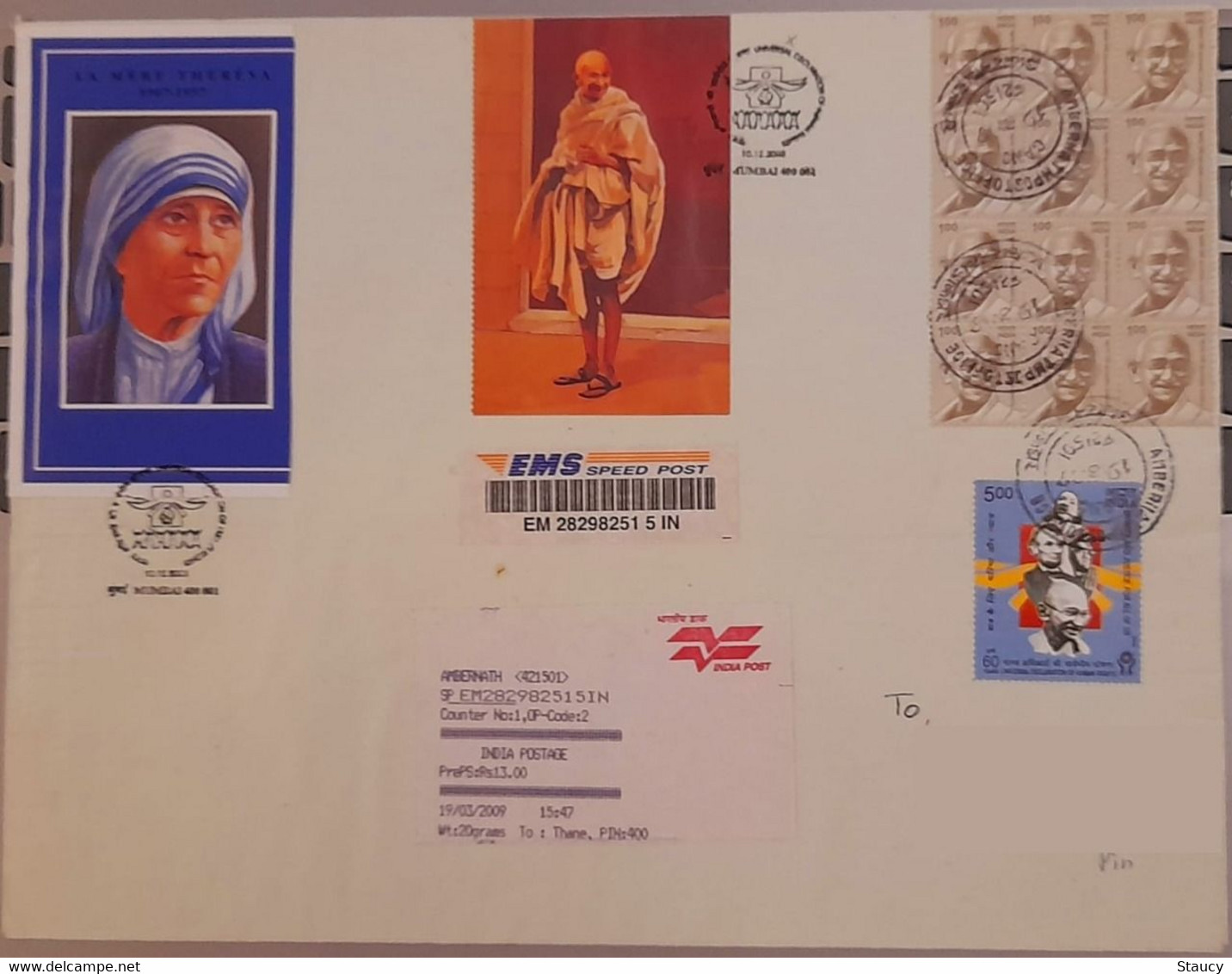 India 2008-2009 Beautiful Envelope Franked With Mahatma Gandhi Stamps EMS Registered SPEED POST Used MOTHER TERESA - Mother Teresa