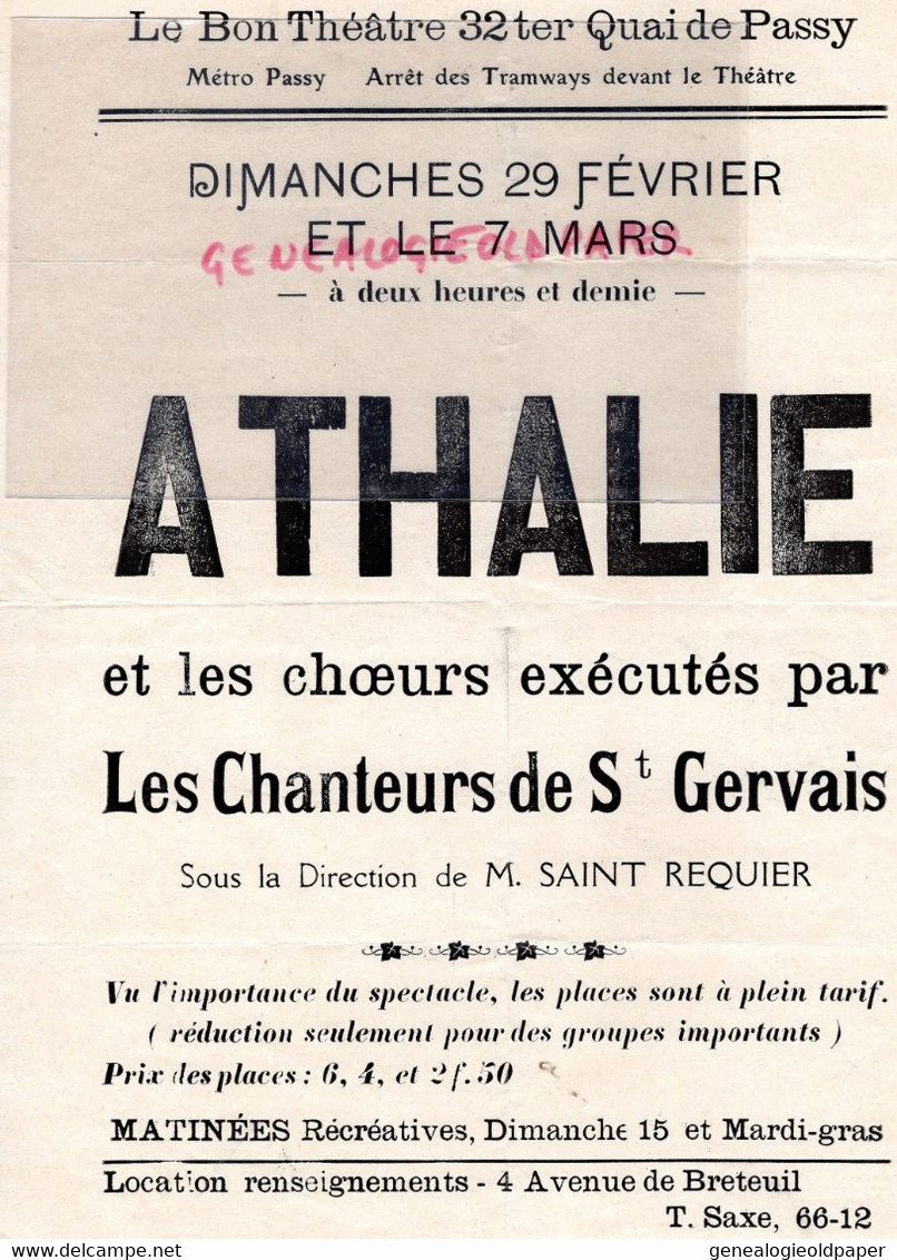 75- PARIS- AFFICHE ATHALIE -LE BON THEATRE 32 TER QUAI DE PASSY-LES CHANTEURS DE SAINT GERVAIS- SAINT REQUIER - Posters