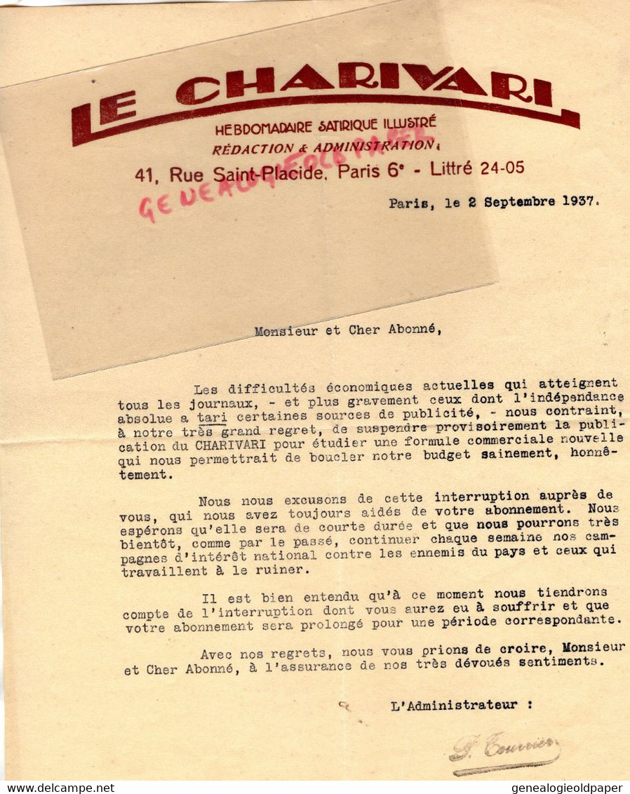 75- PARIS- RARE LETTRE JOURNAL PRESSE LE CHARIVARI-HEBDOMADAIRE SATIRIQUE - 41 RUE SAINT PLACIDE-1937- P. TOUVIER - Printing & Stationeries