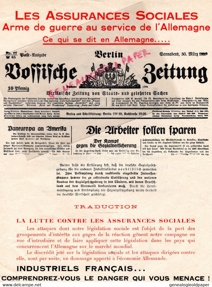 ALLEMAGNE- BERLIN-RARE LETTRE ASSURANCES SOCIALES ARME DE GUERRE -30 MARS 1929-ACTION ECONOMIQUE SOCIALE PARIS - 1900 – 1949