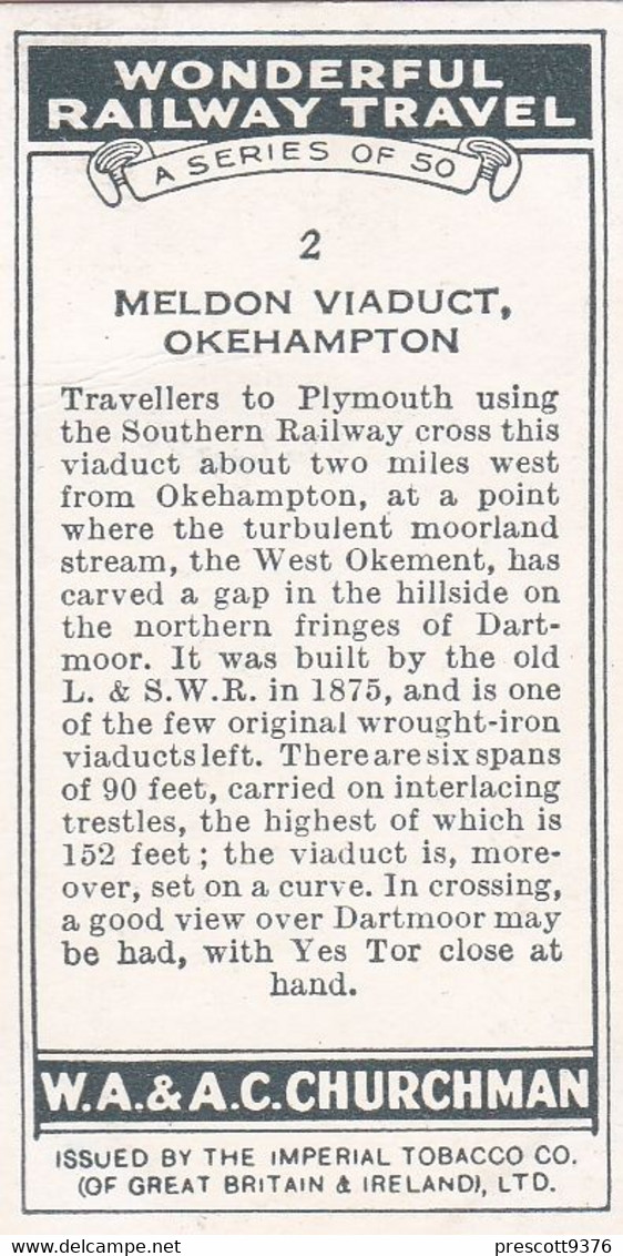 Wonderful Railway Travel, 1937 - 2 Meldon Viaduct, Oakhampton   - Churchman Cigarette Card - Trains - Churchman