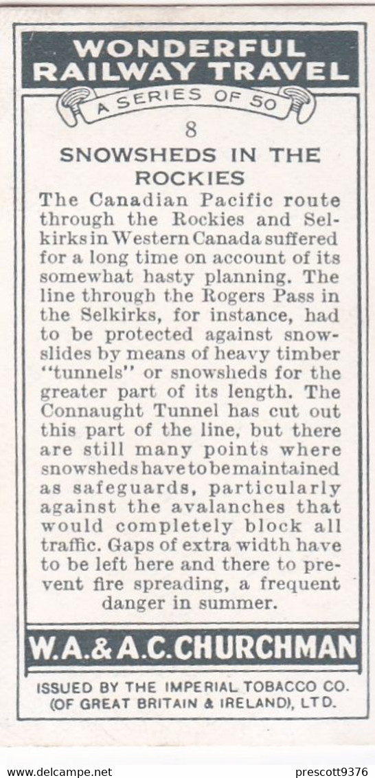 Wonderful Railway Travel, 1937 - 8 Snowsheds In The Rockies   - Churchman Cigarette Card - Trains - Churchman