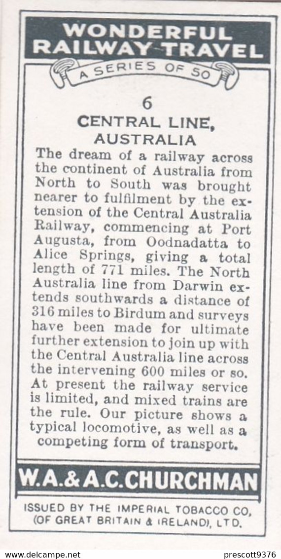 Wonderful Railway Travel, 1937 - 6 Central Line, Australia   - Churchman Cigarette Card - Trains - Churchman