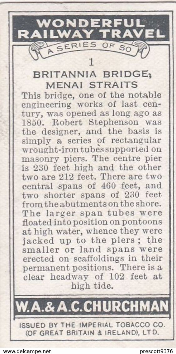 Wonderful Railway Travel, 1937 - 1 Britania Bridge Menai Straits, North Wales  - Churchman Cigarette Card - Trains - Churchman