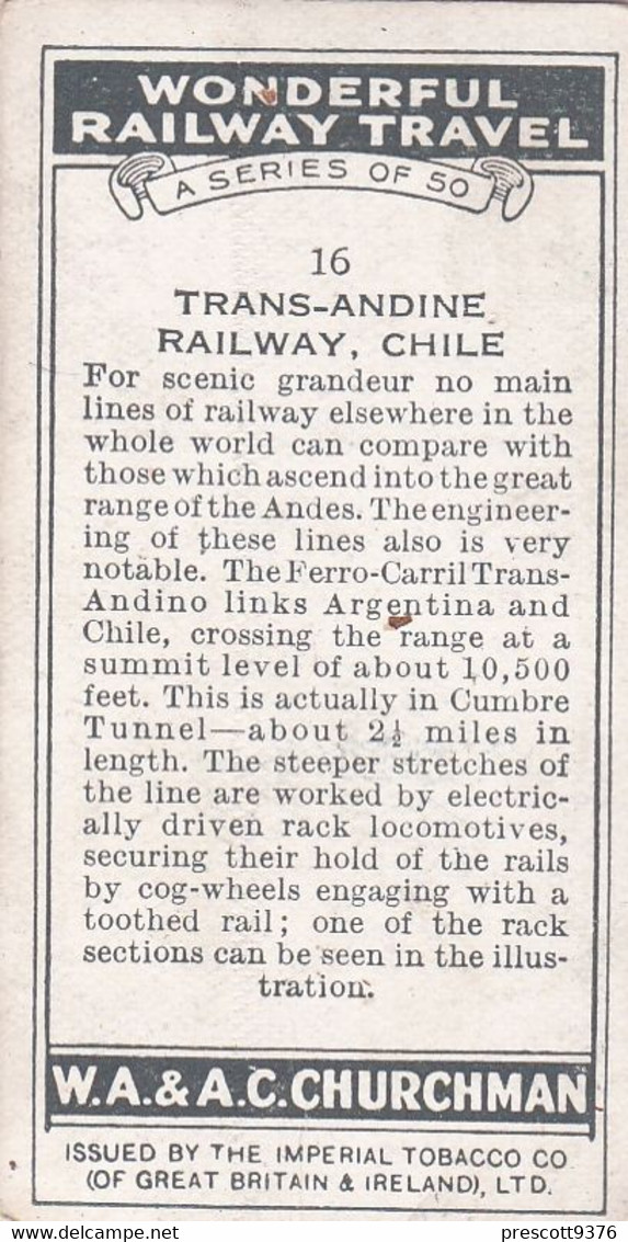 Wonderful Railway Travel, 1937 - 16 Trans Andine Railway, Chile  - Churchman Cigarette Card - Trains - Churchman