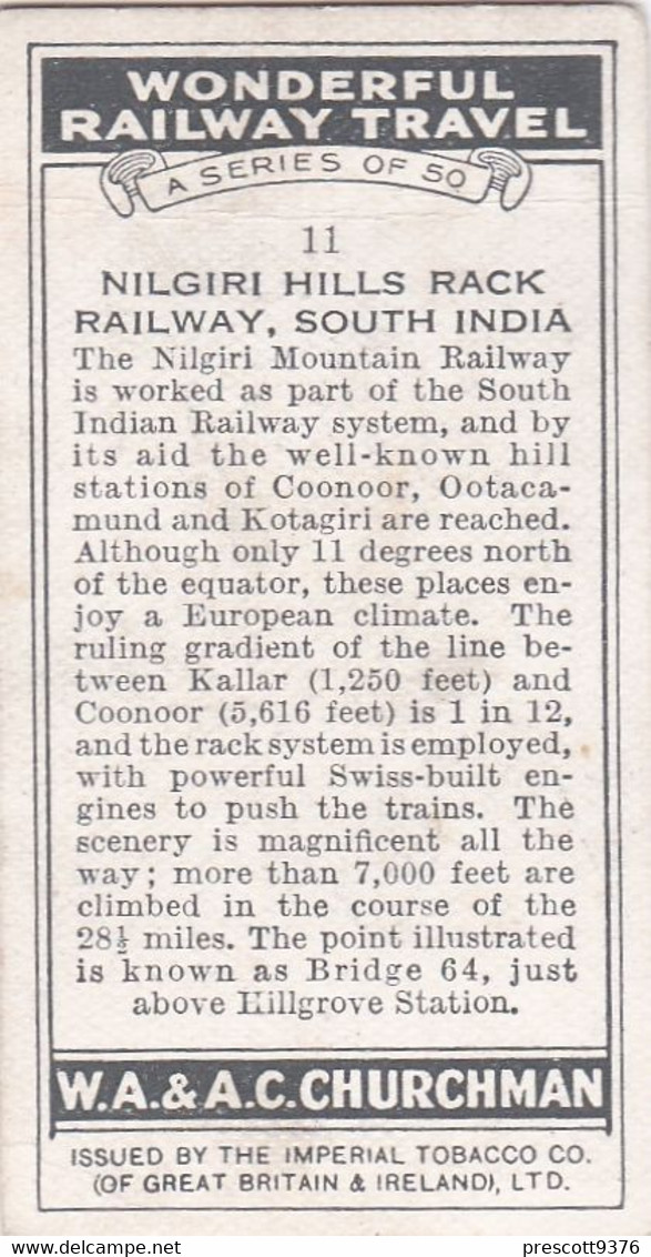 Wonderful Railway Travel, 1937 - 1Nilgiri Hills Railway, India  - Churchman Cigarette Card - Trains - Churchman