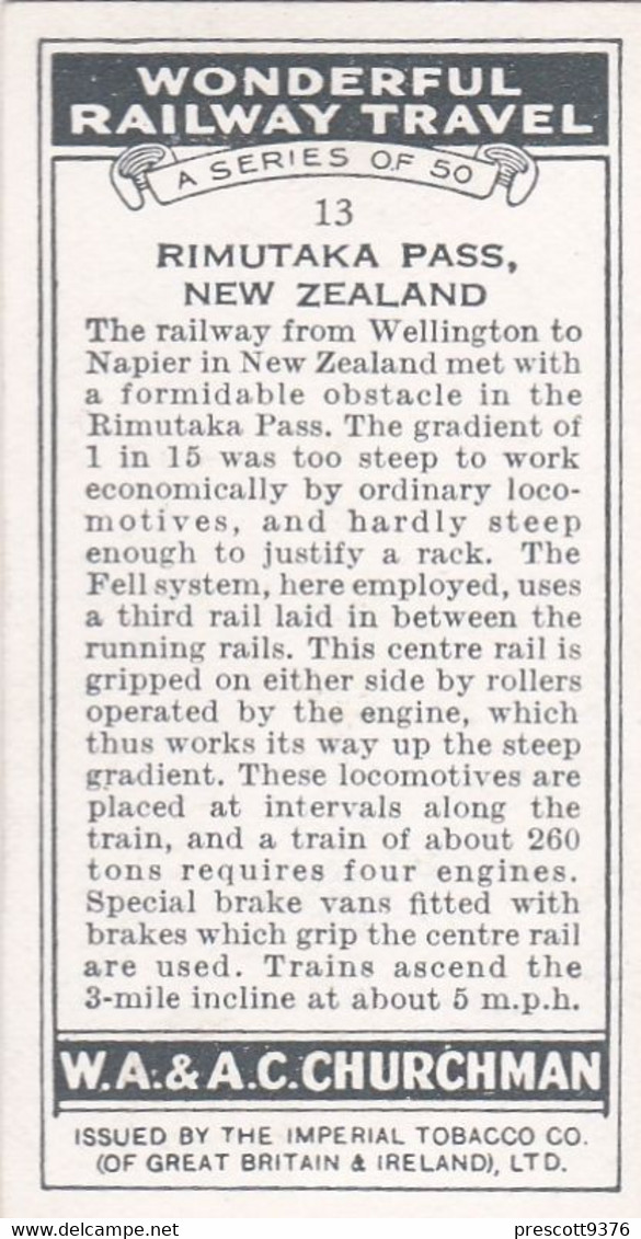 Wonderful Railway Travel, 1937 - 13 Rimutaka Pass New Zealand - Churchman Cigarette Card - Trains - Churchman