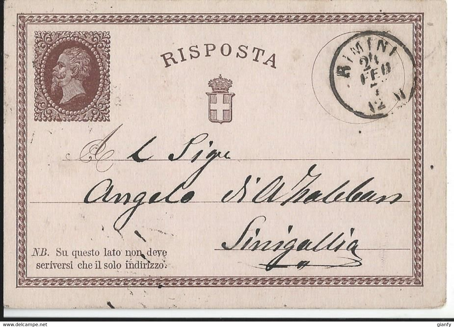 INTERO REGNO VITTORIO EMANUELE II 15+R C 1877 RISPOSTA RIMINI X SENIGALLIA - Postwaardestukken