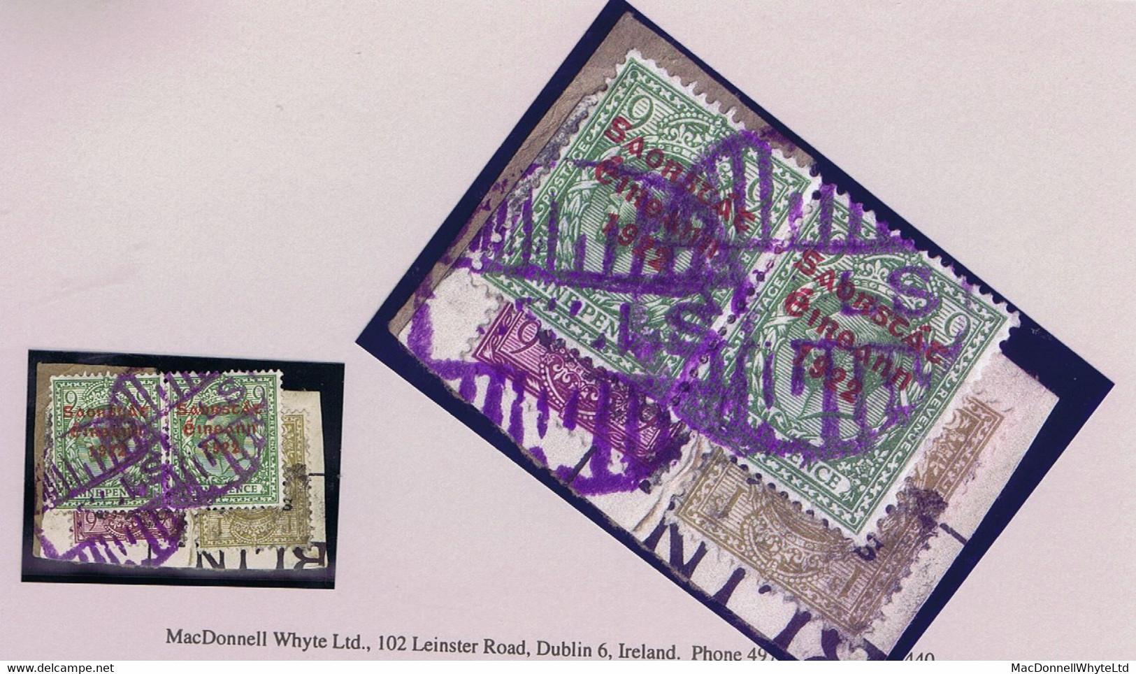 Ireland Parcel Post Meath 1922-23 Thom Saorstat 9d Pair On Piece Tied Violet Circular KELLS Parcels Cancel - Usati