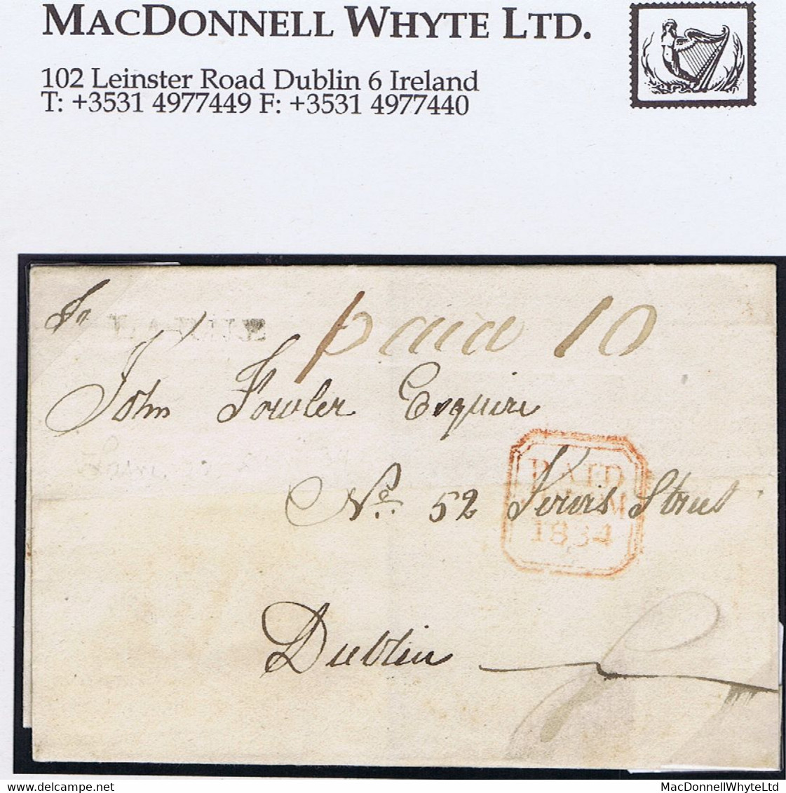 Ireland Antrim 1834 Linear LARNE Type 1A Town Namestamp On Cover "Paid 10" To Dublin, Masonic Correspondence - Prefilatelia