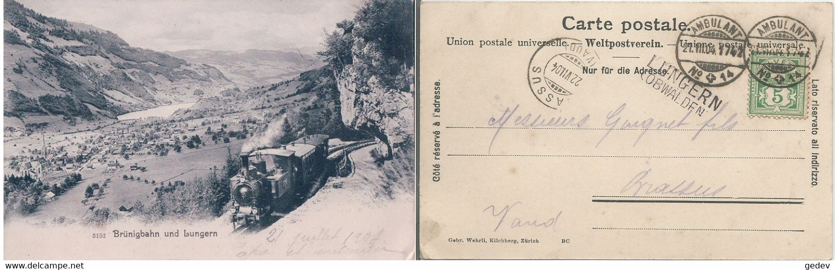 Brunigbahn Und Lungern OW, Chemin De Fer Et Train à Vapeur + Cachet Linéaire LUNGERN (OBWALDEN) (21.7.1904) - Lungern