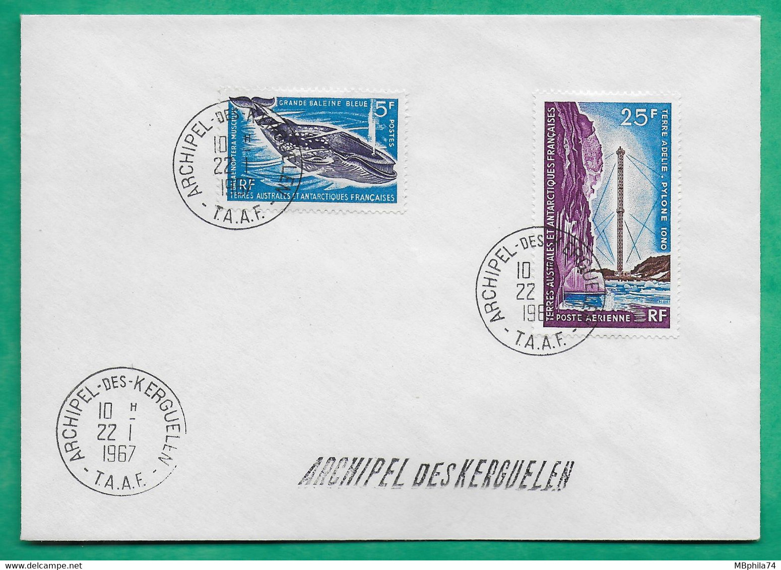 YT N°22 BALEINE + N°13 POSTE AERIENNE PYLONE TERRE ADELIE TAAF ARCHIPEL DES KERGUELEN 1967 LETTRE COVER FRANCE - Used Stamps