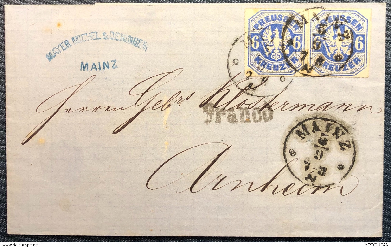 1867 6Kr Mi 25a Seltener Brief MAINZ>Arnheim Niederlande (Preussen Netherlands Cover Gepr Wasels BPP Thurn Und Taxis - Brieven En Documenten