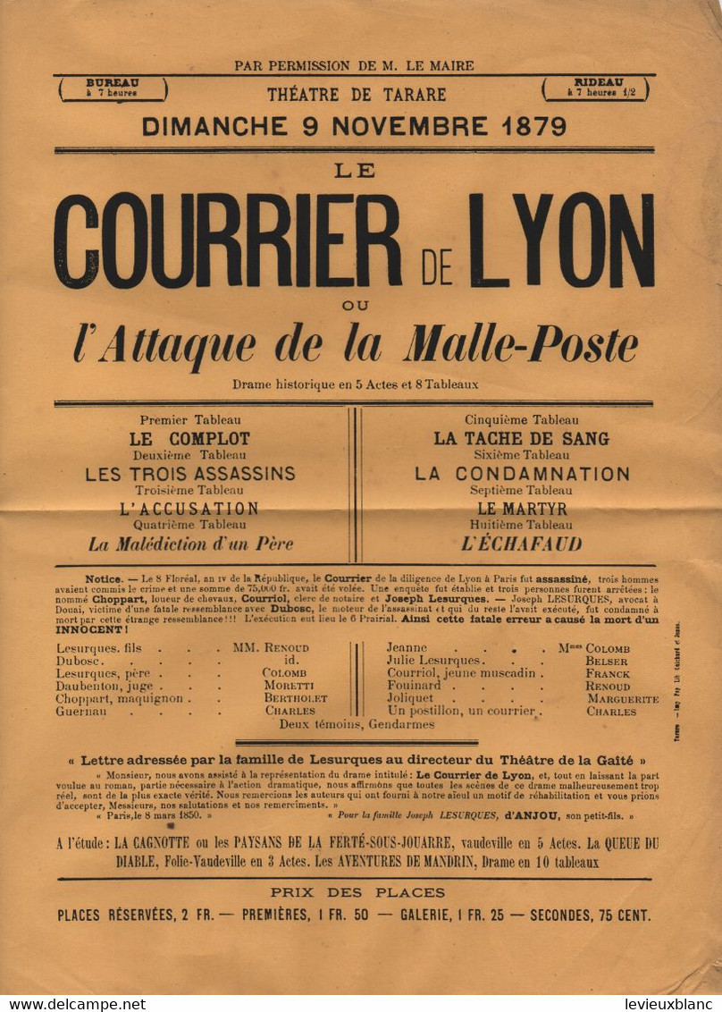 Affichette Théâtre/ Théâtre De  TARARE /"Courrier De Lyon Ou L'attaque De La Malle-Poste "/ Vers 1879  AFF35bis - Affiches