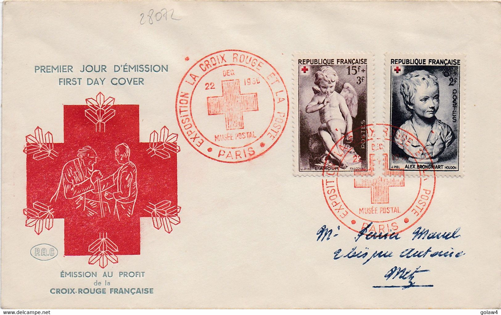 28072# CROIX ROUGE ENFANT AMOUR LETTRE EXPOSITION LA CROIX ROUGE POSTE PARIS MUSEE POSTAL 22 DEC 1950 RED CROSS METZ - Rotes Kreuz