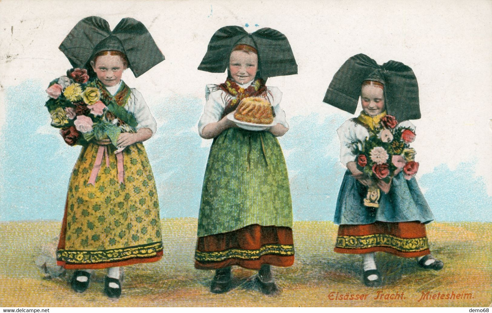 Fantaisie Folklore Costume Alsace Alsacienne Elsässerin Nœud Jupe Enfants Fleurs Kougelhoupf Belle Litho Mietesheim - Personen