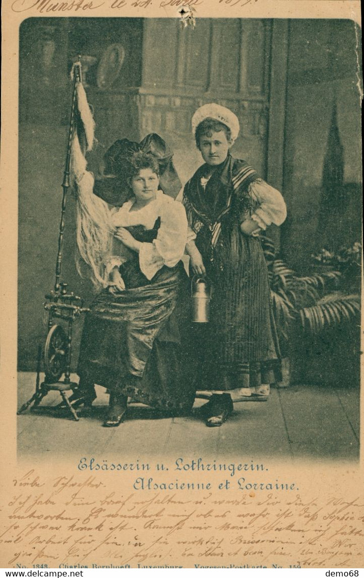 Fantaisie Folklore Costume Alsace Alsacienne Elsässerin Et Lorraine Lothringerin Rouet Carte Découpée + Petit Trou 1899 - Personajes