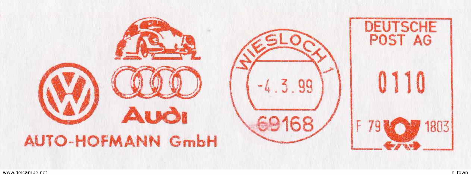224  VW Coccinelle: Ema D'Allemagne, 1999 - Volkswagen Beetle Meter Stamp From Wiesloch, Germany, Audi - Cars