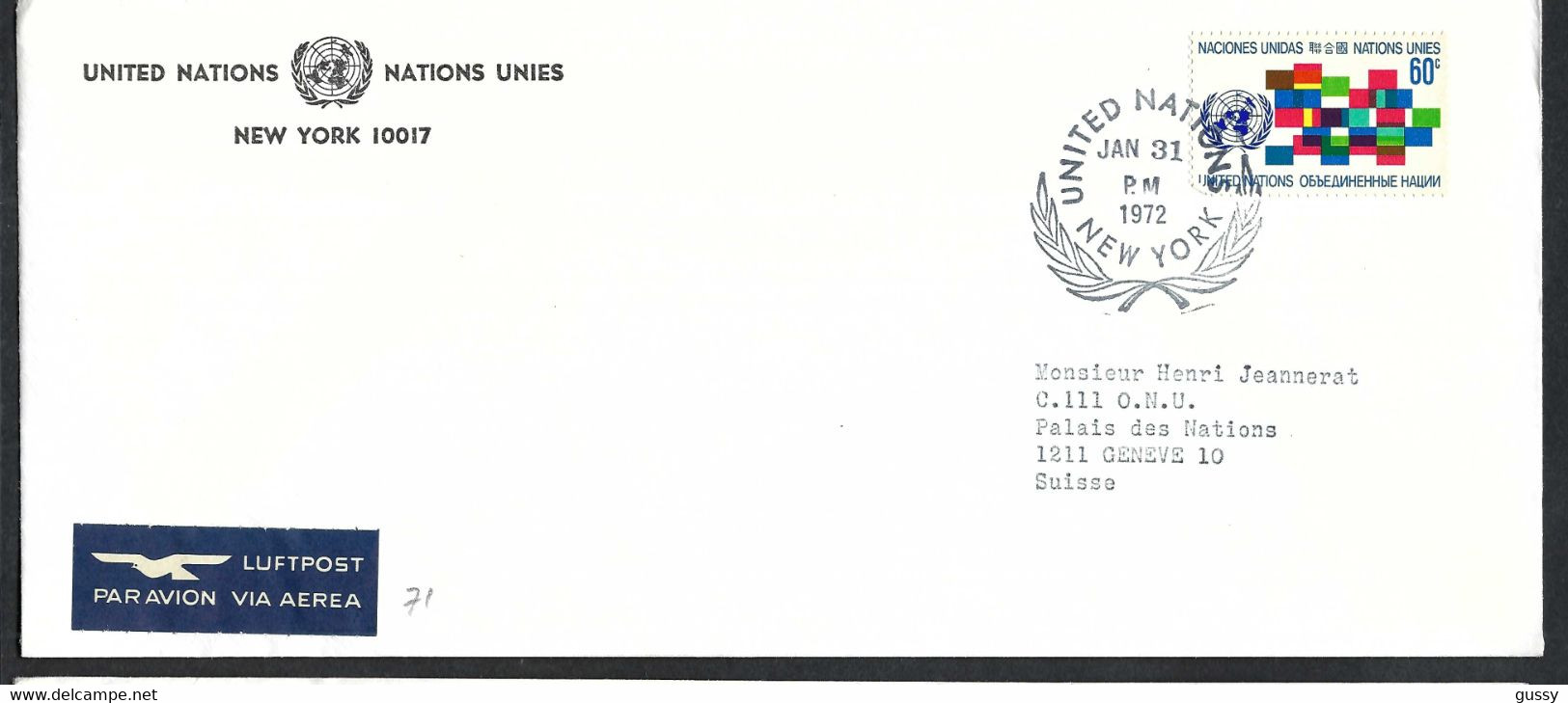 NATIONS-UNIES NEW-YORK 1972:  LSC Pour Genève - Storia Postale