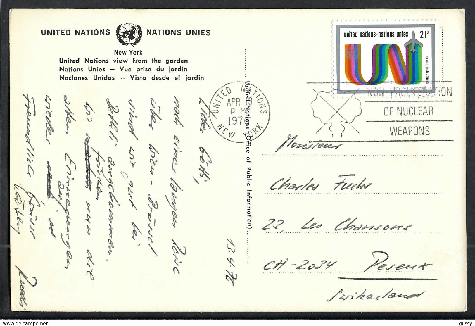 NATIONS-UNIES NEW-YORK 1976:  CP Pour Peseux (Suisse) - Lettres & Documents