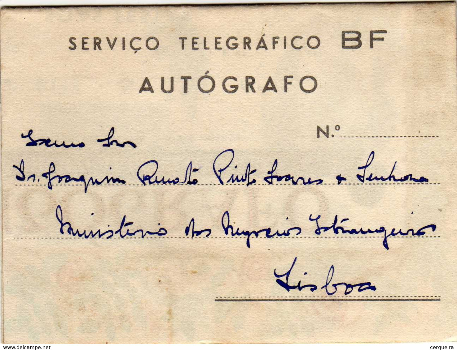 SERVIÇO TELEGRÁFICO  BF AUTÓGRAFO-A - Lettres & Documents