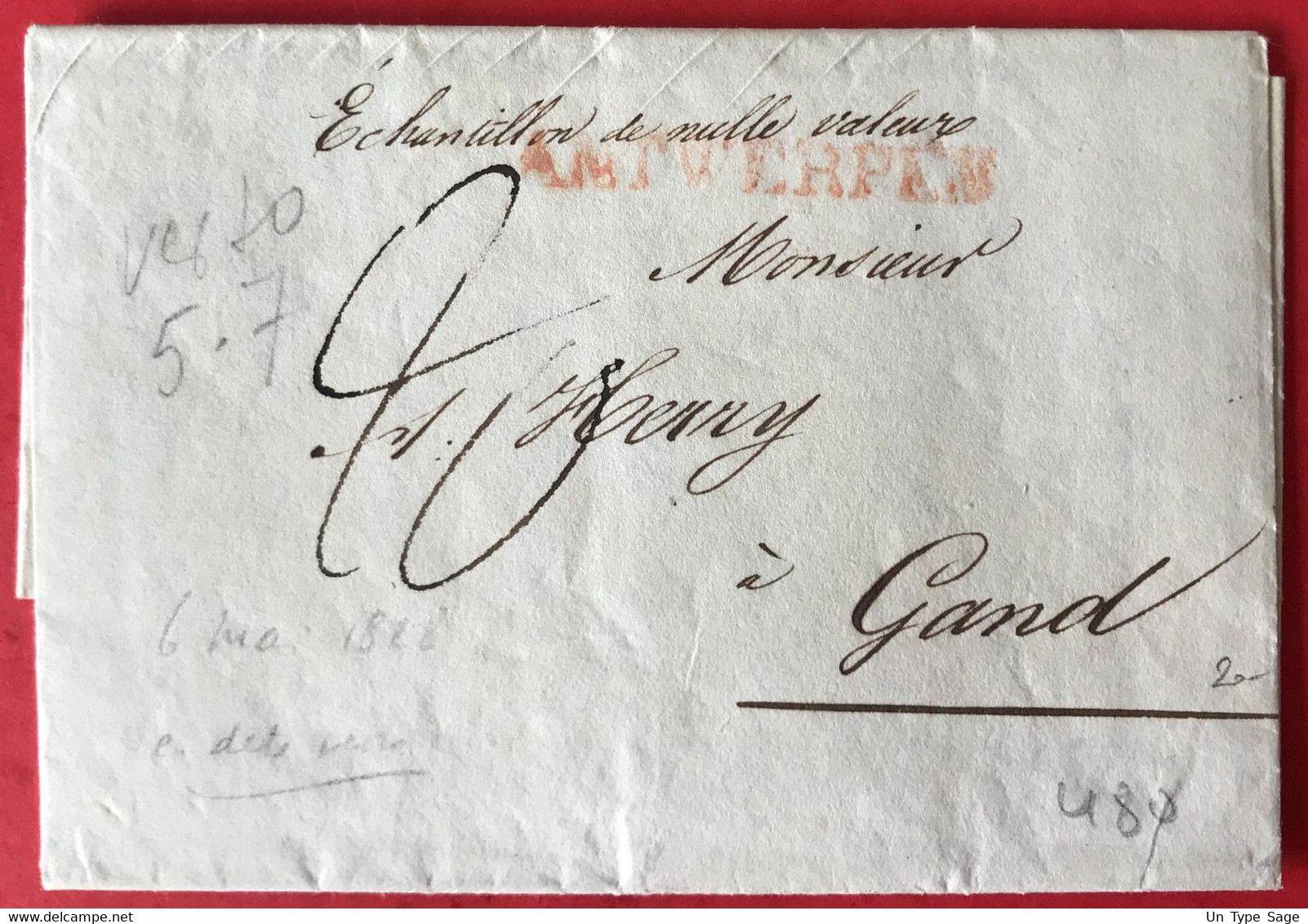 Belgique, Griffe Rouge ANTWERPEN Sur Lettre 1828 Pour Gand - (A794) - 1815-1830 (Dutch Period)