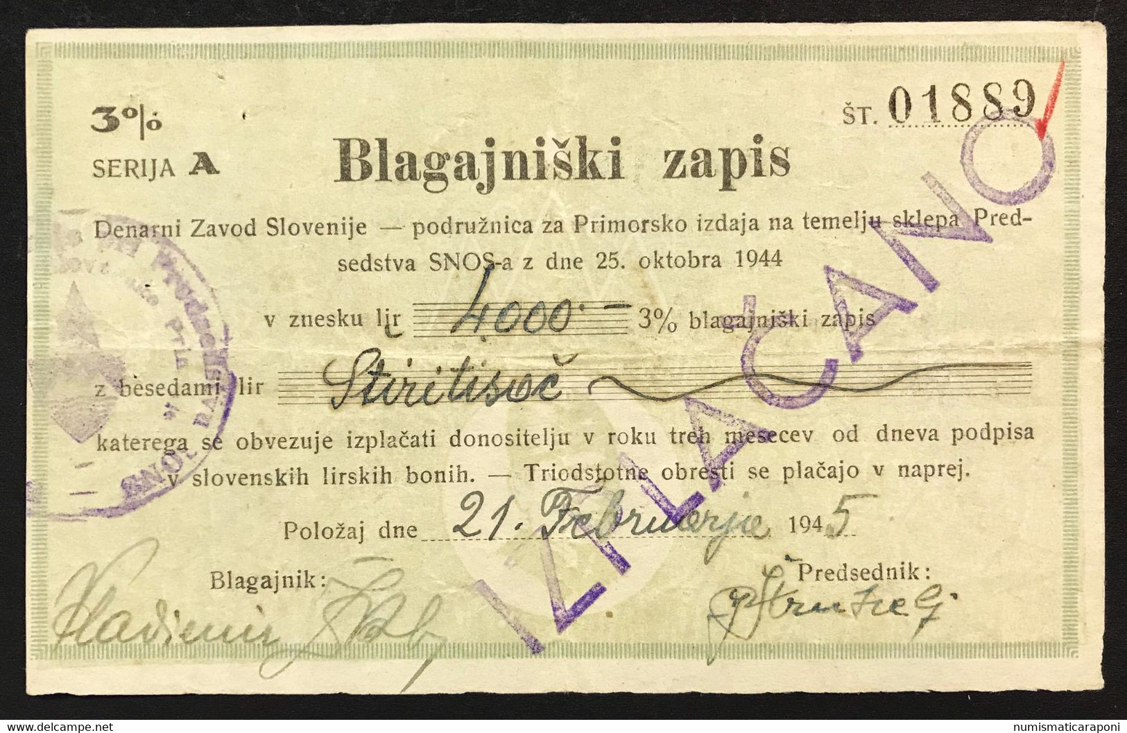 YUGOSLAVIA 4000 Lire 1945  WW2 LIBERATION FRONT SLOVENIAN PARTISANS 3 % Lotto.950 - Slovenië